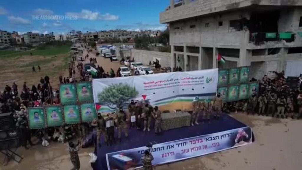 Drone footage shows release of three Israeli hostages in Central Gaza